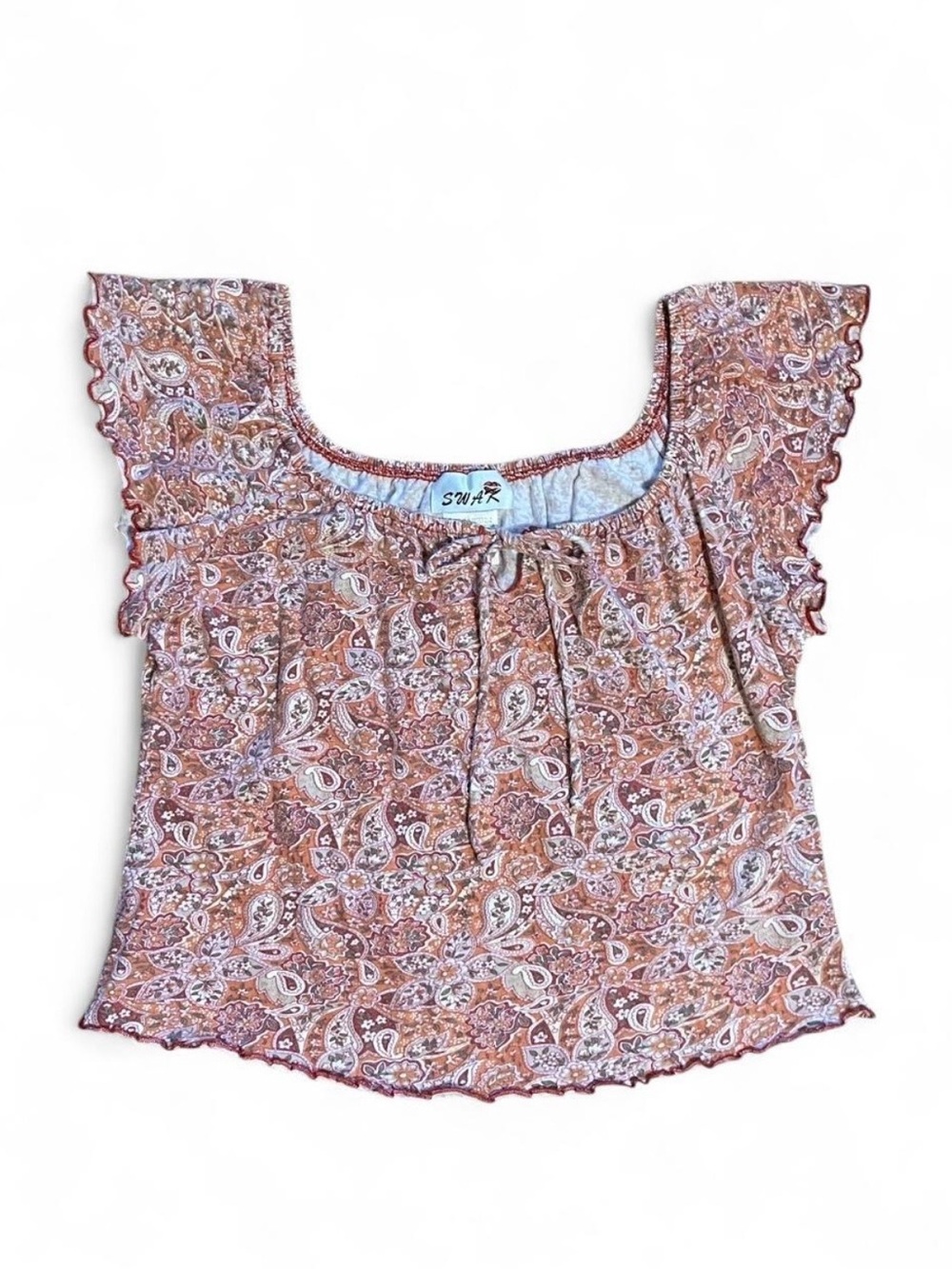 Paisley Ruffled Flutter-Sleeve Cropped Top